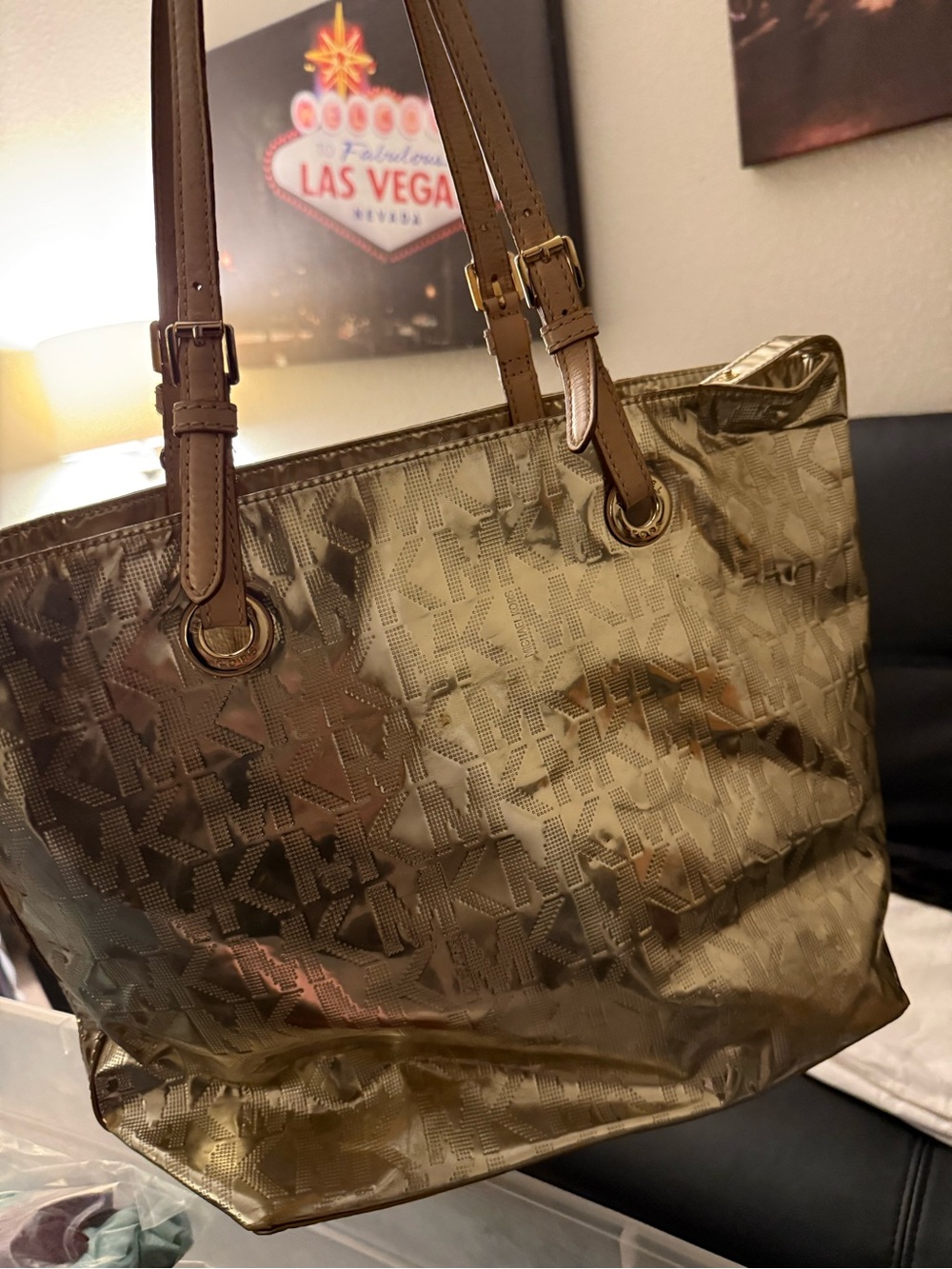Michael Kors Metallic Gold Tote with Tan Straps